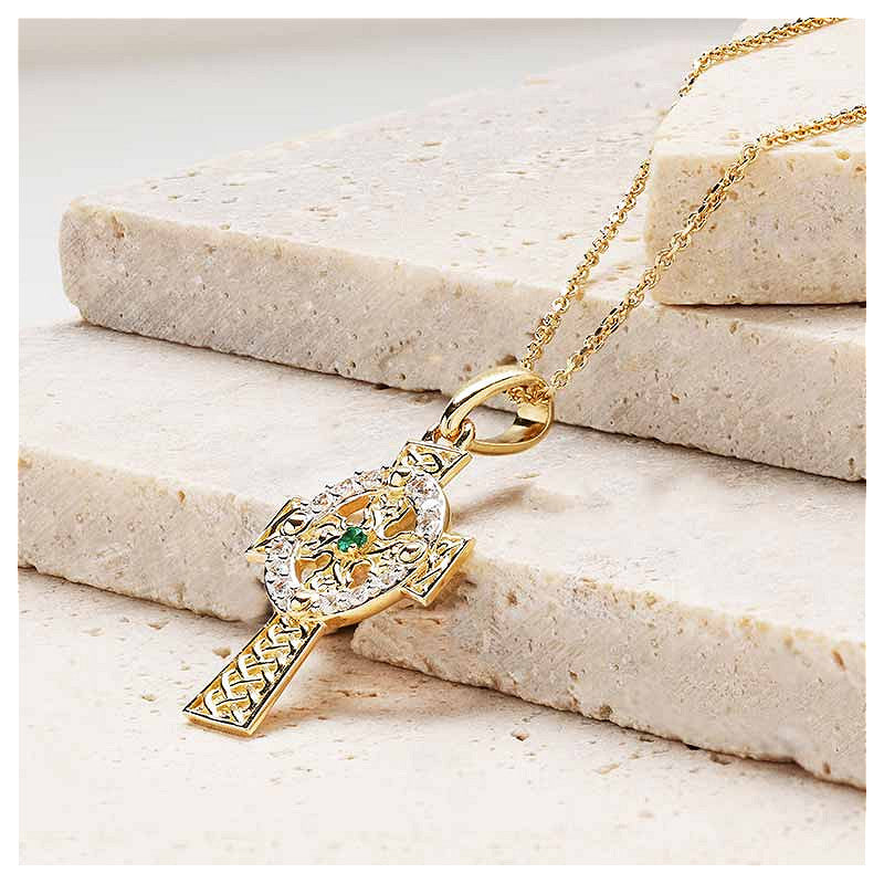 14KT Gold Emerald Celtic Cross Necklace w/ Lab Diamond