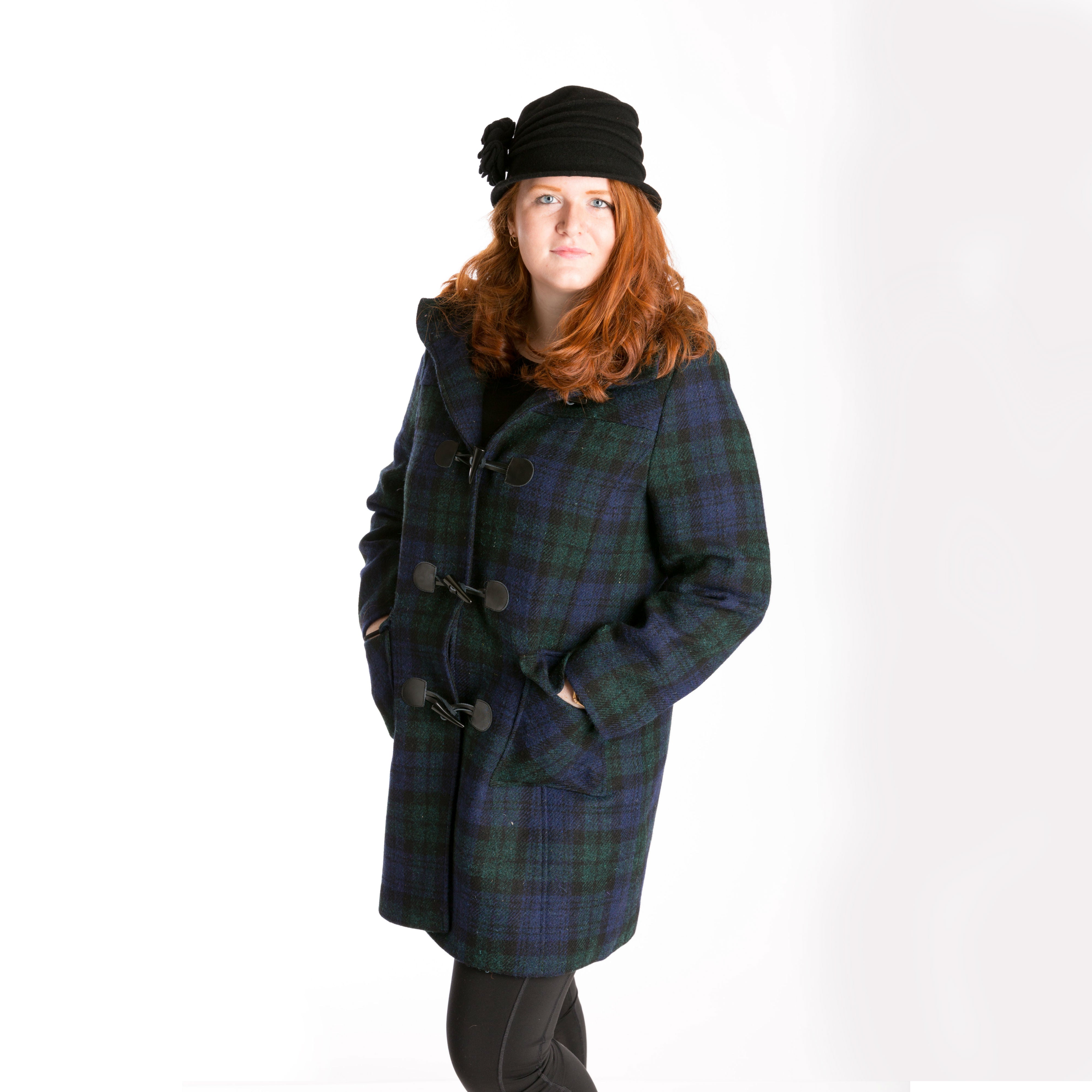 women's wool duffle coat in black, blue & green tartan plaid