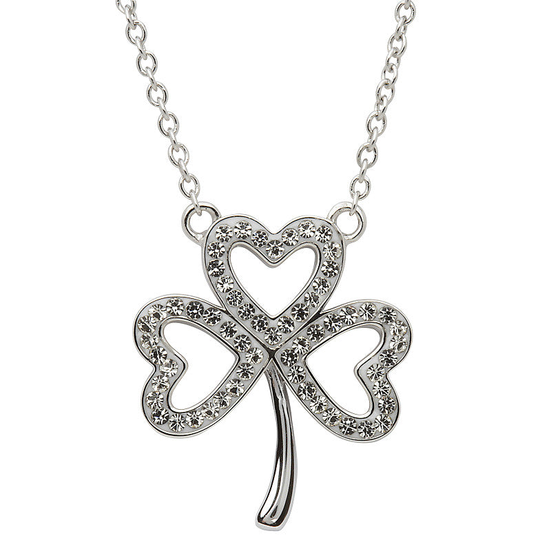 Sterling Silver White Swarvoski Crystal Shamrock Necklace