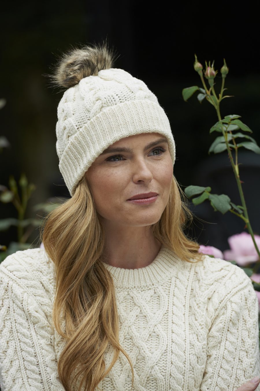 Aran Cable Knit Beanie with Faux Fur Pom Pom [5 Colors]