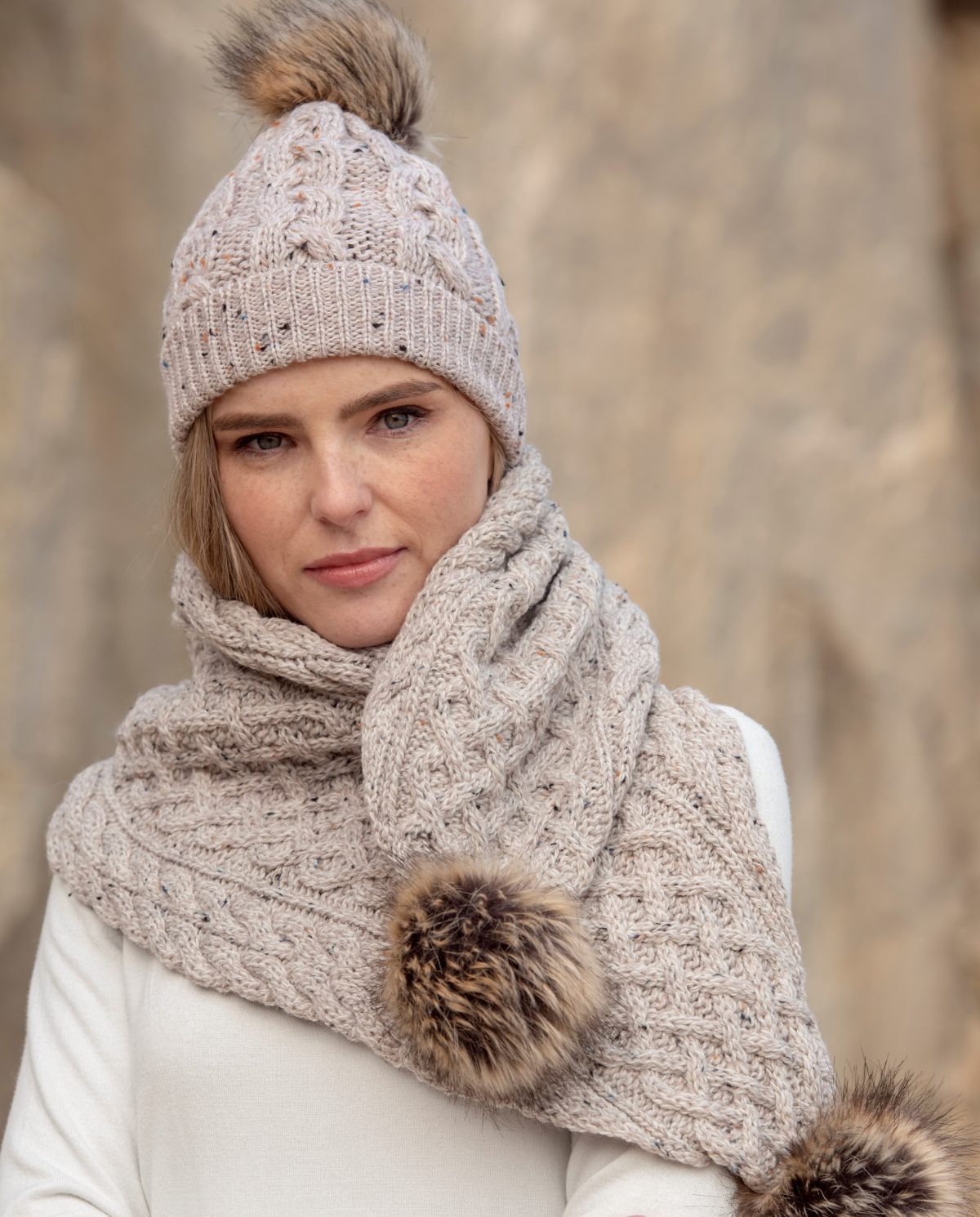 Aran Cable Knit Beanie with Faux Fur Pom Pom [5 Colors]