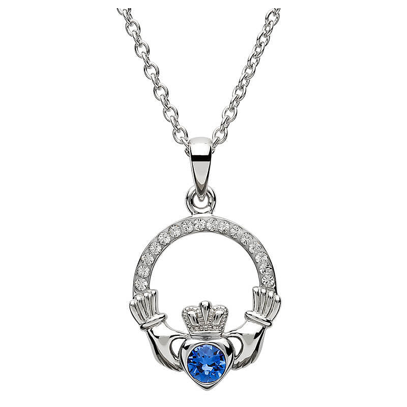 Sterling Silver Claddagh Birthstone Necklace W/ Swarvoski Crystals
