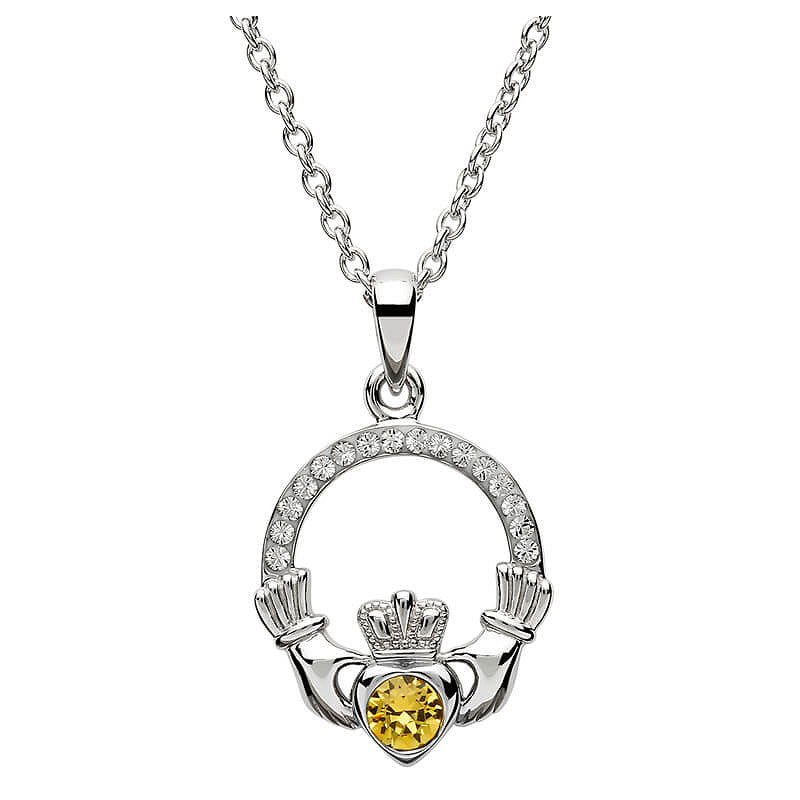 Sterling Silver Claddagh Birthstone Necklace W/ Swarvoski Crystals