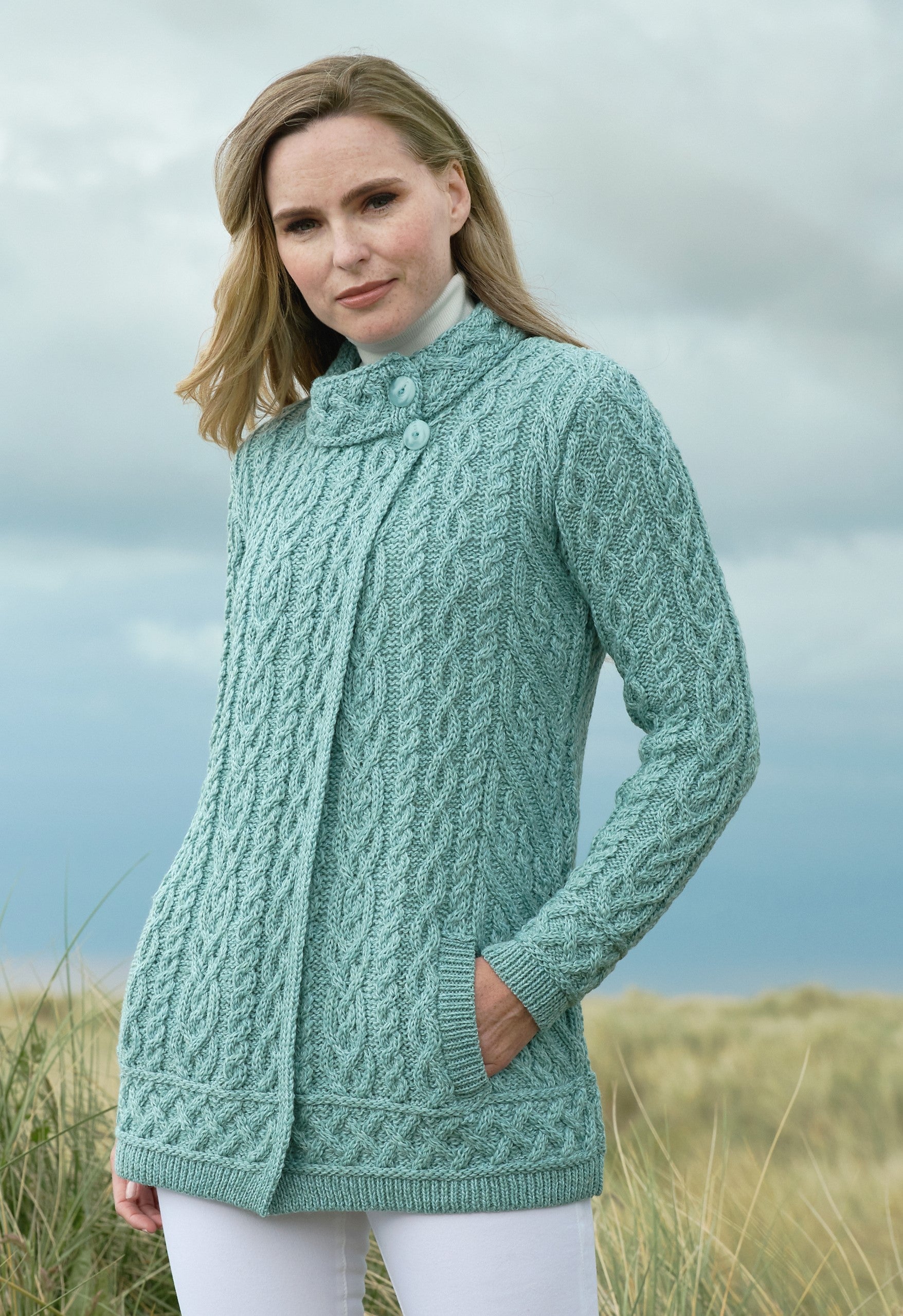 Aran Side Button Collar Cardigan