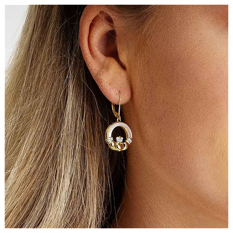 14KT Gold Vermeil Mother of Pearl CZ Claddagh Earrings