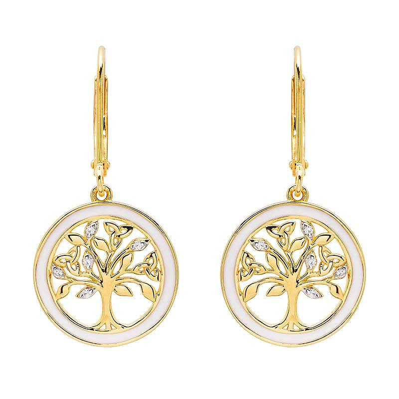 14KT Gold Vermeil White Enamel Tree of Life Drop Earrings
