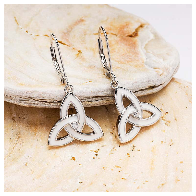 Sterling Silver White Enamel Trinity Drop Earrings