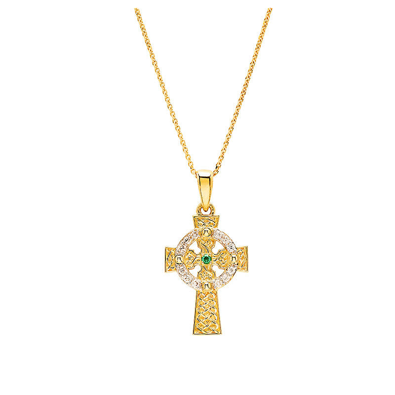 14KT Gold Emerald Celtic Cross Necklace w/ Lab Diamond