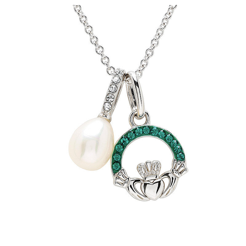 Sterling Silver Pearl/Crystal Claddagh Necklace