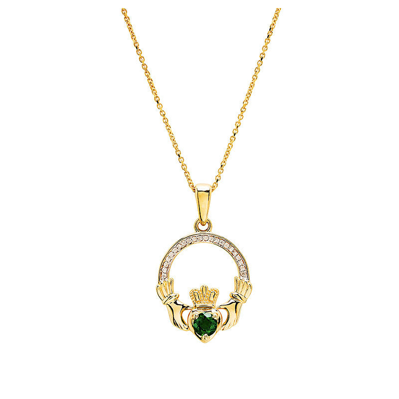 14KT Gold/Emerald Claddagh Necklace w/ Lab Diamond