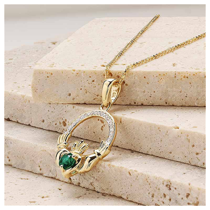14KT Gold/Emerald Claddagh Necklace w/ Lab Diamond