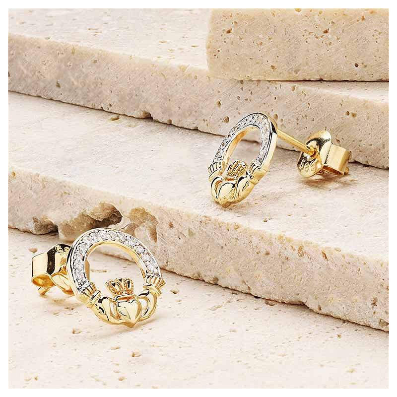 14KT Gold Claddagh Earrings w/ Lab Diamonds