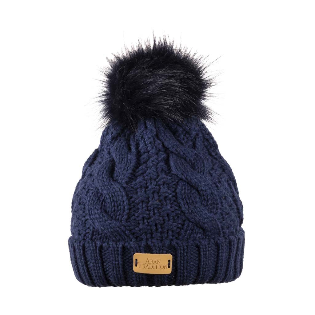 Cable Beanie with Faux Fur Pom Pom