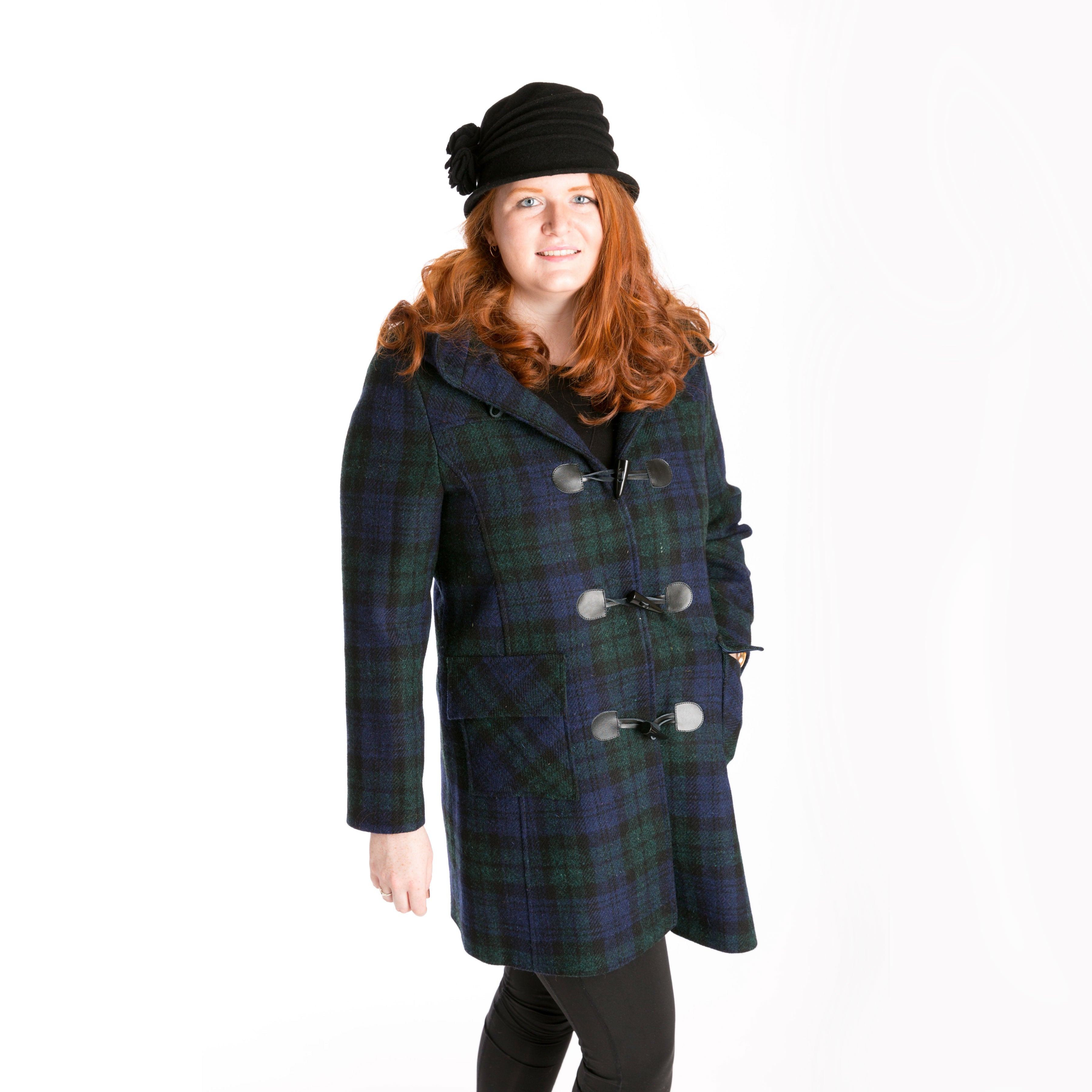 women's wool duffle coat in black, blue & green tartan plaid