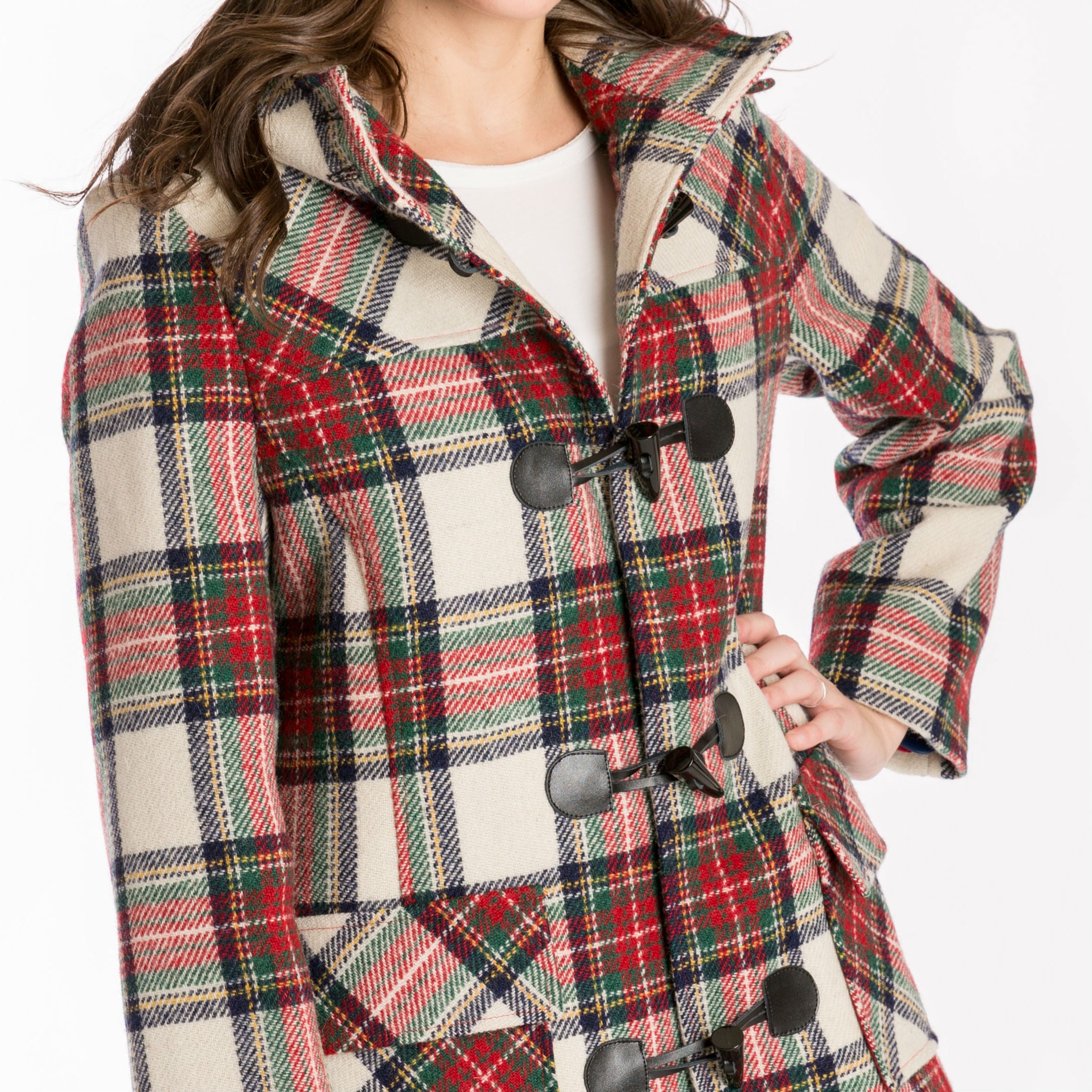 women's wool duffle coat in red & white tartan plaid