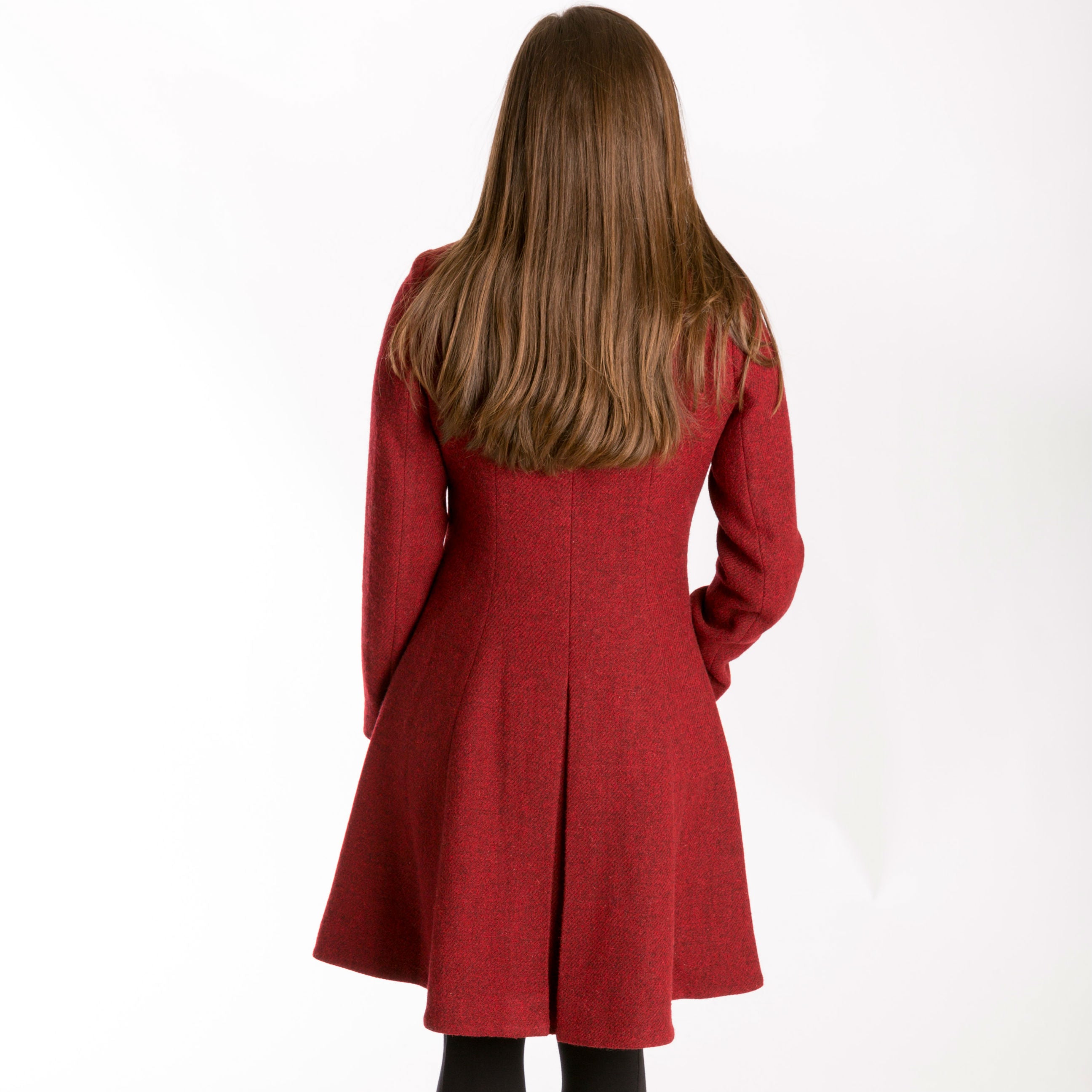red Harris Tweed wool long coat for women