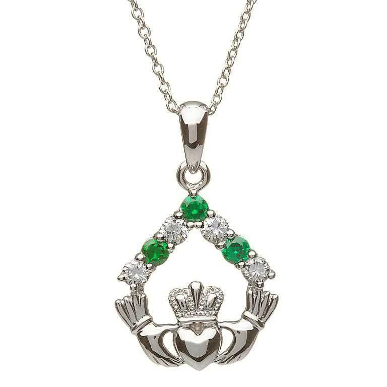 Sterling Silver Green CZ Claddagh Pendant