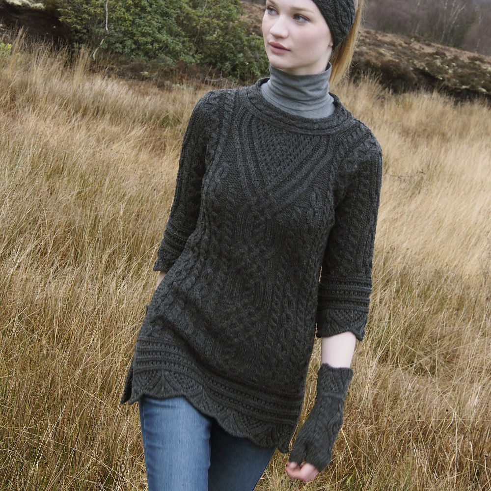 Irish Knit Charcoal Arm Warmers with Decorative Patterns