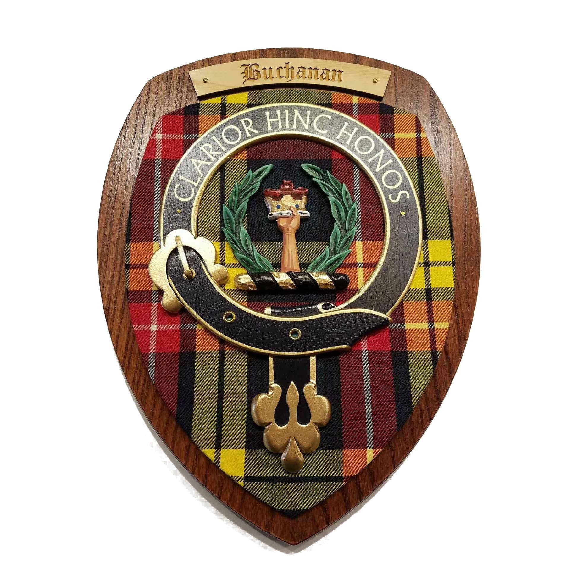 wooden wall plaque with Buchanan family crest & tartan