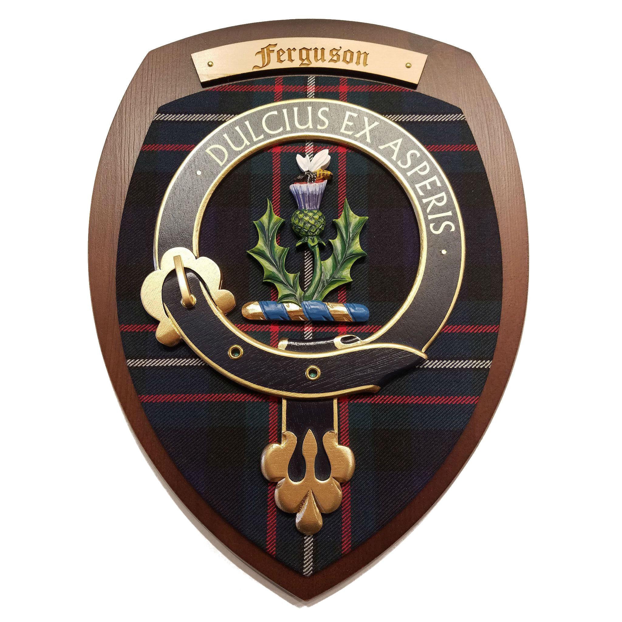 wooden wall plaque with Ferguson family crest & tartan
