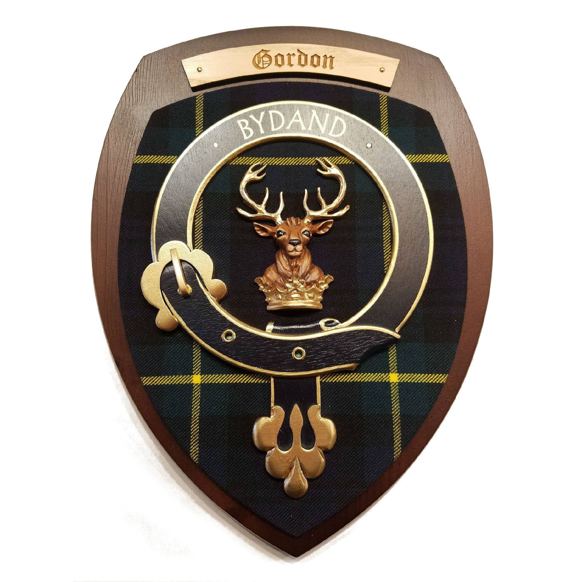 wooden wall plaque with Gordon family crest & tartan