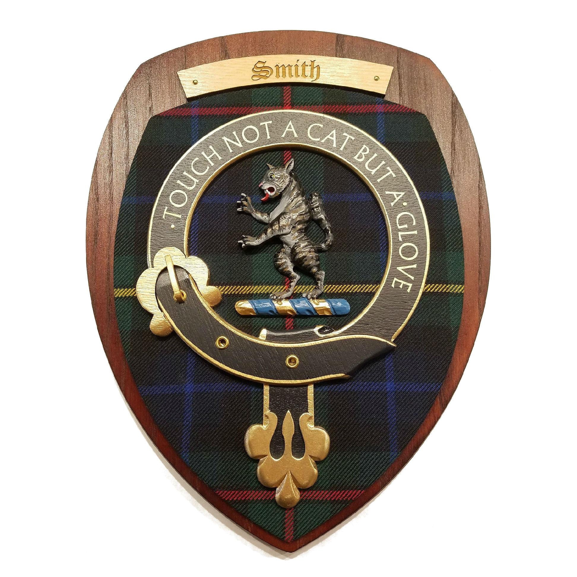 wooden wall plaque with Smith family crest & tartan